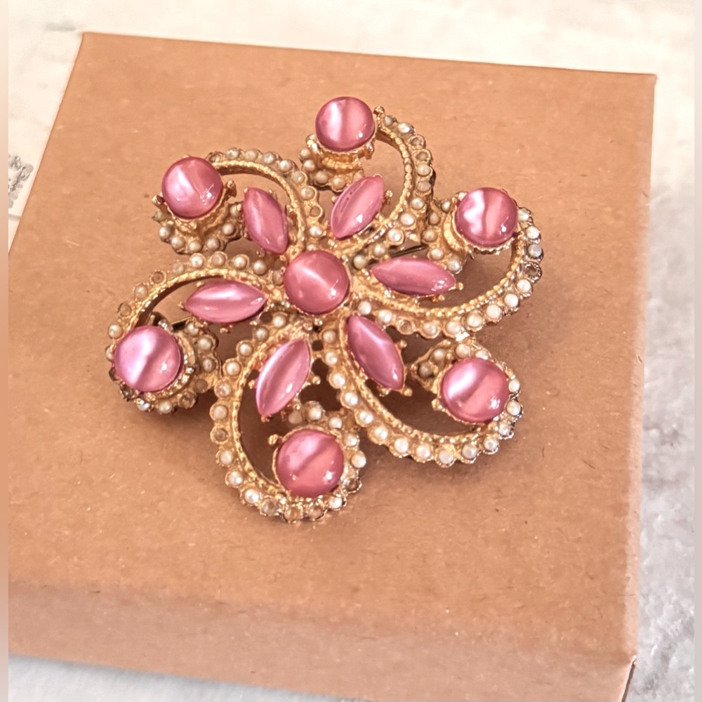 Elegant Pink & Gold Moon Glow Cabochon Stones with Seed Beads Brooch